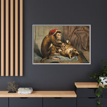 A monkey physician examining a cat patient for fleas. Coloured lithograph