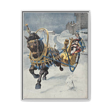 A fine horse wearing a gold and blue harness is pulling a golden sleigh carrying a woman with a footman behind. Colour halftone after O. Cortazzo - NOMADEN ART GALLERY