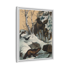 An elk and its young walking through a snowy landscape, with two wolverines watching on. Colour lithograph