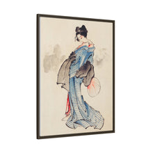 Woman, Full-Length Portrait, Standing, Facing Left, Holding Fan in Right Hand, Wearing Kimono with Check Design by Katsushika Hokusai (1760-1849), a traditional Japanese Ukyio-e style illustration of a Japanese woman in kimono. - NOMADEN ART GALLERY