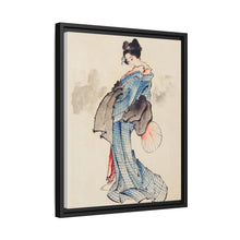 Woman, Full-Length Portrait, Standing, Facing Left, Holding Fan in Right Hand, Wearing Kimono with Check Design by Katsushika Hokusai (1760-1849), a traditional Japanese Ukyio-e style illustration of a Japanese woman in kimono. - NOMADEN ART GALLERY