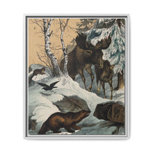 An elk and its young walking through a snowy landscape, with two wolverines watching on. Colour lithograph