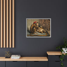 A monkey physician examining a cat patient for fleas. Coloured lithograph
