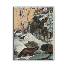 An elk and its young walking through a snowy landscape, with two wolverines watching on. Colour lithograph