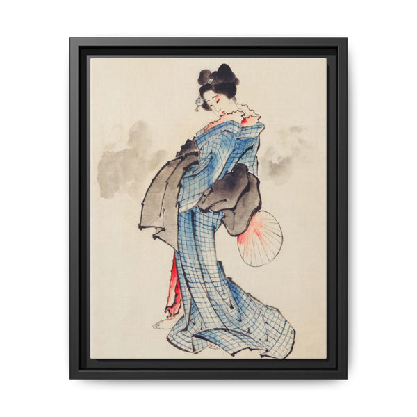 Woman, Full-Length Portrait, Standing, Facing Left, Holding Fan in Right Hand, Wearing Kimono with Check Design by Katsushika Hokusai (1760-1849), a traditional Japanese Ukyio-e style illustration of a Japanese woman in kimono. - NOMADEN ART GALLERY