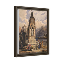 People near a river praying before the figure of a saint on a memorial cross