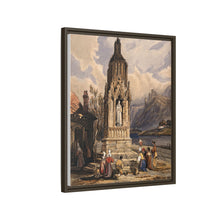 People near a river praying before the figure of a saint on a memorial cross