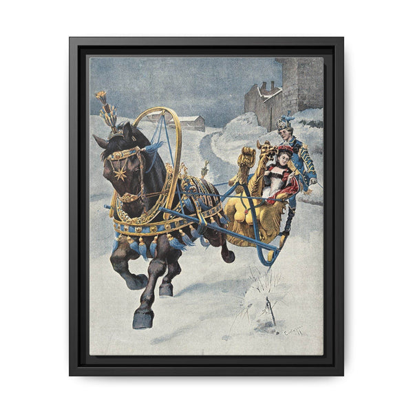 A fine horse wearing a gold and blue harness is pulling a golden sleigh carrying a woman with a footman behind. Colour halftone after O. Cortazzo - NOMADEN ART GALLERY