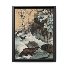 An elk and its young walking through a snowy landscape, with two wolverines watching on. Colour lithograph