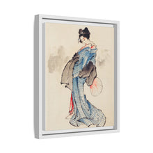 Woman, Full-Length Portrait, Standing, Facing Left, Holding Fan in Right Hand, Wearing Kimono with Check Design by Katsushika Hokusai (1760-1849), a traditional Japanese Ukyio-e style illustration of a Japanese woman in kimono. - NOMADEN ART GALLERY