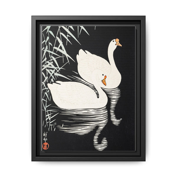White Chinese Geese Swimming by Reeds by (1928) Ohara Koson