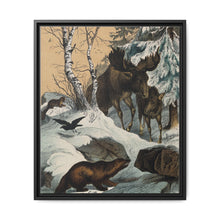 An elk and its young walking through a snowy landscape, with two wolverines watching on. Colour lithograph