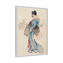 Woman, Full-Length Portrait, Standing, Facing Left, Holding Fan in Right Hand, Wearing Kimono with Check Design by Katsushika Hokusai (1760-1849), a traditional Japanese Ukyio-e style illustration of a Japanese woman in kimono. - NOMADEN ART GALLERY