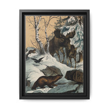 An elk and its young walking through a snowy landscape, with two wolverines watching on. Colour lithograph