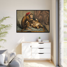 A monkey physician examining a cat patient for fleas. Coloured lithograph