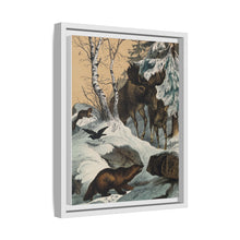 An elk and its young walking through a snowy landscape, with two wolverines watching on. Colour lithograph