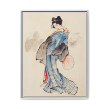 Woman, Full-Length Portrait, Standing, Facing Left, Holding Fan in Right Hand, Wearing Kimono with Check Design by Katsushika Hokusai (1760-1849), a traditional Japanese Ukyio-e style illustration of a Japanese woman in kimono. - NOMADEN ART GALLERY
