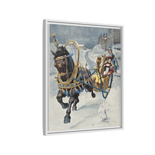 A fine horse wearing a gold and blue harness is pulling a golden sleigh carrying a woman with a footman behind. Colour halftone after O. Cortazzo