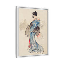 Woman, Full-Length Portrait, Standing, Facing Left, Holding Fan in Right Hand, Wearing Kimono with Check Design by Katsushika Hokusai (1760-1849), a traditional Japanese Ukyio-e style illustration of a Japanese woman in kimono. - NOMADEN ART GALLERY