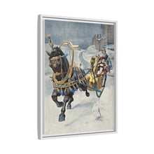 A fine horse wearing a gold and blue harness is pulling a golden sleigh carrying a woman with a footman behind. Colour halftone after O. Cortazzo