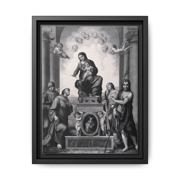 Saint Mary (the Blessed Virgin) with the Christ Child and Saint Antony of Padua, Saint Francis of Assisi, Saint Catherine of Alexandria, Saint John the Baptist and angels. - NOMADEN ART GALLERY