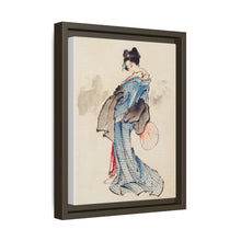 Woman, Full-Length Portrait, Standing, Facing Left, Holding Fan in Right Hand, Wearing Kimono with Check Design by Katsushika Hokusai (1760-1849), a traditional Japanese Ukyio-e style illustration of a Japanese woman in kimono. - NOMADEN ART GALLERY