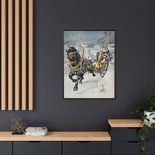 A fine horse wearing a gold and blue harness is pulling a golden sleigh carrying a woman with a footman behind. Colour halftone after O. Cortazzo