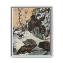 An elk and its young walking through a snowy landscape, with two wolverines watching on. Colour lithograph