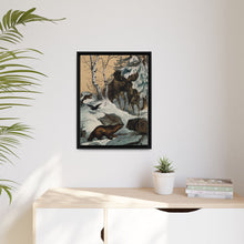 An elk and its young walking through a snowy landscape, with two wolverines watching on. Colour lithograph