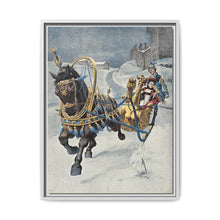 A fine horse wearing a gold and blue harness is pulling a golden sleigh carrying a woman with a footman behind. Colour halftone after O. Cortazzo - NOMADEN ART GALLERY