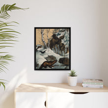 An elk and its young walking through a snowy landscape, with two wolverines watching on. Colour lithograph