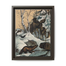 An elk and its young walking through a snowy landscape, with two wolverines watching on. Colour lithograph