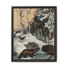 An elk and its young walking through a snowy landscape, with two wolverines watching on. Colour lithograph