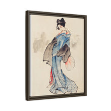 Woman, Full-Length Portrait, Standing, Facing Left, Holding Fan in Right Hand, Wearing Kimono with Check Design by Katsushika Hokusai (1760-1849), a traditional Japanese Ukyio-e style illustration of a Japanese woman in kimono. - NOMADEN ART GALLERY
