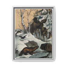 An elk and its young walking through a snowy landscape, with two wolverines watching on. Colour lithograph