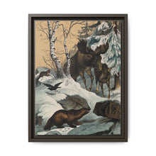 An elk and its young walking through a snowy landscape, with two wolverines watching on. Colour lithograph