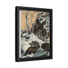 An elk and its young walking through a snowy landscape, with two wolverines watching on. Colour lithograph