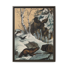 An elk and its young walking through a snowy landscape, with two wolverines watching on. Colour lithograph