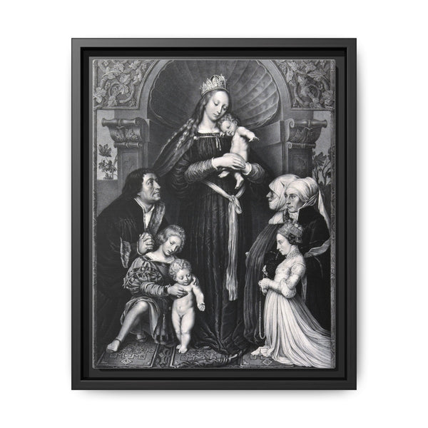 Saint Mary (the Blessed Virgin) with the Christ Child and a family as donors. Lithograph by F.S. Hanfstaengl, 1832 , after H. Holbein. - NOMADEN ART GALLERY