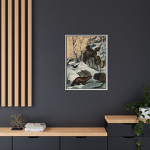 An elk and its young walking through a snowy landscape, with two wolverines watching on. Colour lithograph