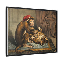 A monkey physician examining a cat patient for fleas. Coloured lithograph