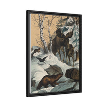 An elk and its young walking through a snowy landscape, with two wolverines watching on. Colour lithograph