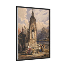 People near a river praying before the figure of a saint on a memorial cross