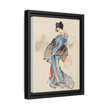 Woman, Full-Length Portrait, Standing, Facing Left, Holding Fan in Right Hand, Wearing Kimono with Check Design by Katsushika Hokusai (1760-1849), a traditional Japanese Ukyio-e style illustration of a Japanese woman in kimono. - NOMADEN ART GALLERY