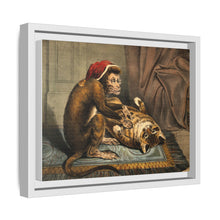 A monkey physician examining a cat patient for fleas. Coloured lithograph