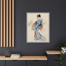 Woman, Full-Length Portrait, Standing, Facing Left, Holding Fan in Right Hand, Wearing Kimono with Check Design by Katsushika Hokusai (1760-1849), a traditional Japanese Ukyio-e style illustration of a Japanese woman in kimono. - NOMADEN ART GALLERY