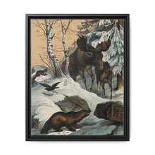 An elk and its young walking through a snowy landscape, with two wolverines watching on. Colour lithograph