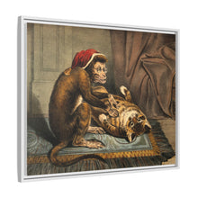 A monkey physician examining a cat patient for fleas. Coloured lithograph