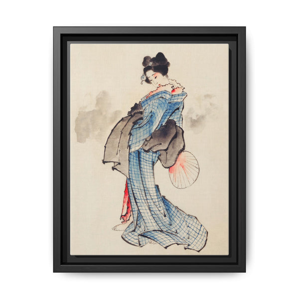 Woman, Full-Length Portrait, Standing, Facing Left, Holding Fan in Right Hand, Wearing Kimono with Check Design by Katsushika Hokusai (1760-1849), a traditional Japanese Ukyio-e style illustration of a Japanese woman in kimono. - NOMADEN ART GALLERY
