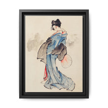 Woman, Full-Length Portrait, Standing, Facing Left, Holding Fan in Right Hand, Wearing Kimono with Check Design by Katsushika Hokusai (1760-1849), a traditional Japanese Ukyio-e style illustration of a Japanese woman in kimono. - NOMADEN ART GALLERY
